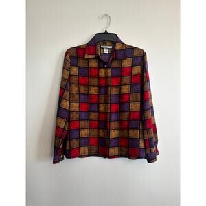 Vintage 90s Notations Petite Plaid Button Down Blouse 8P Red Purple Camel